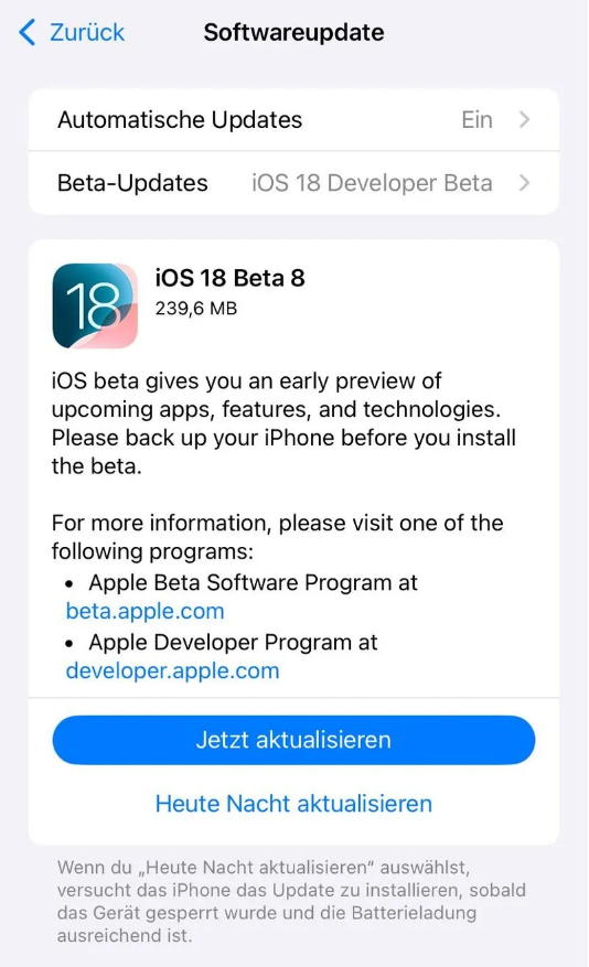 阿合奇苹果手机维修分享苹果 iOS / iPadOS 18 开发者预览版 Beta 8 发布 